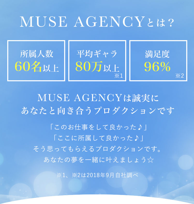 MUSE AGENCY(ミューズエージェンシー)とは?|MUSE AGENCY(ミューズエージェンシー)は誠実にあなたと向き合うプロダクションです。「このお仕事をして良かった♪」「ここに所属して良かった♪」そう思ってもらえるプロダクションです。あなたの夢を一緒に叶えましょう☆※1、※2は2018年9月自社調べ