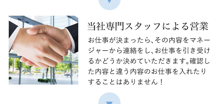 当社専門スタッフによる営業|お仕事が決まったら、その内容をマネージャーから連絡をし、お仕事を引き受けるかどうか決めていただきます。確認した内容と違う内容のお仕事を入れたりすることはありません!